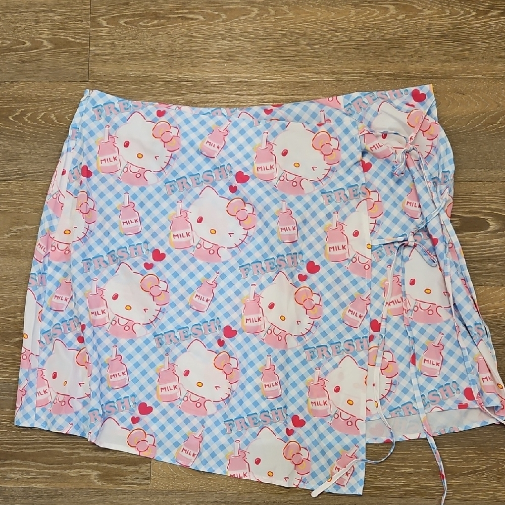 NWOT 3X Hello Kitty And Milk Bottles Pink and Blue Gingham Floral Wrap Skirt